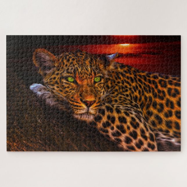 Leopard Lounges am Sonnenuntergang, Big Cat Art Puzzle (Horizontal)