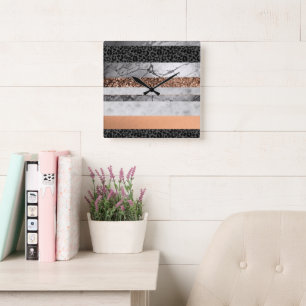 Leopard Marble Glitter Streifen Glam 3 Quadratische Wanduhr