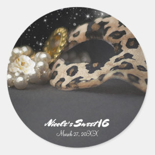 Leopard Masquerade Mask & Pearls Gastgeschenk Runder Aufkleber