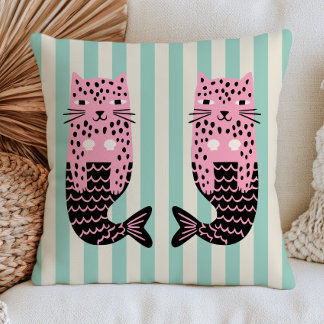 Leopard Mermaids on Stripe Pattern Quirky Nautical Kissen