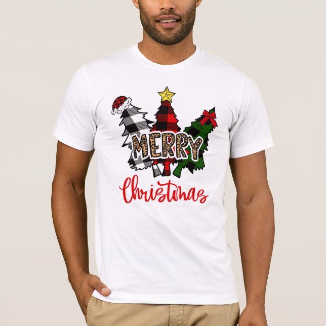 Leopard Merry Christmas Tree Buffalo Plaid T-Shirt (Vorderseite)