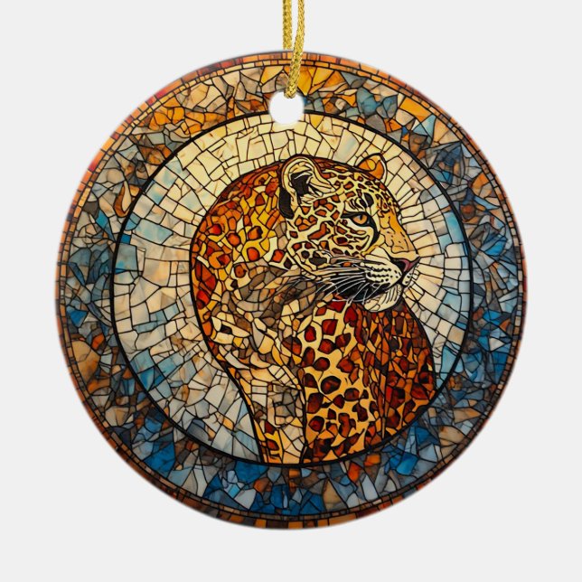 Leopard mit warmen und Coolen Farbtönen Keramik Ornament (Vorne)