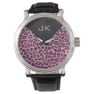 Leopard-Monogramm, Schwarz und Heiß-Rosa Armbanduhr