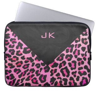Leopard-Monogramm, Schwarz und Heiß-Rosa Laptopschutzhülle