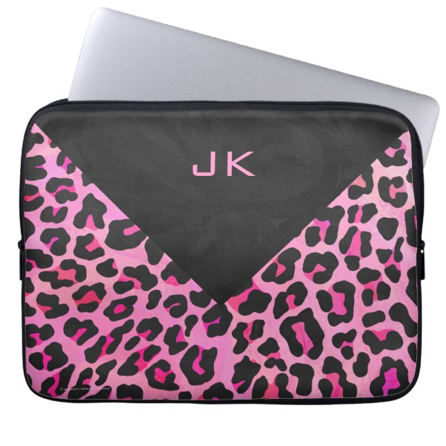 Leopard-Monogramm, Schwarz und Heiß-Rosa Laptopschutzhülle (Vorderseite)