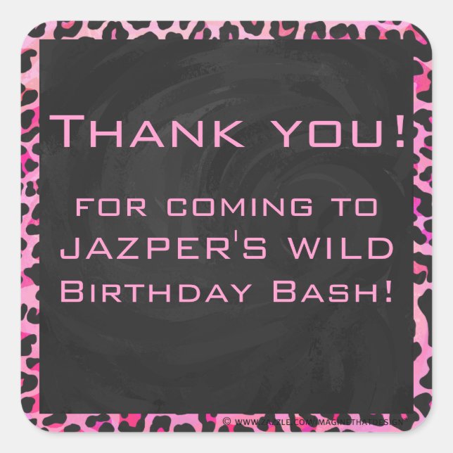 Leopard-Monogramm, Schwarz und Heiß-Rosa Quadratischer Aufkleber (Vorderseite)