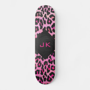 Leopard-Monogramm, Schwarz und Heiß-Rosa Skateboard