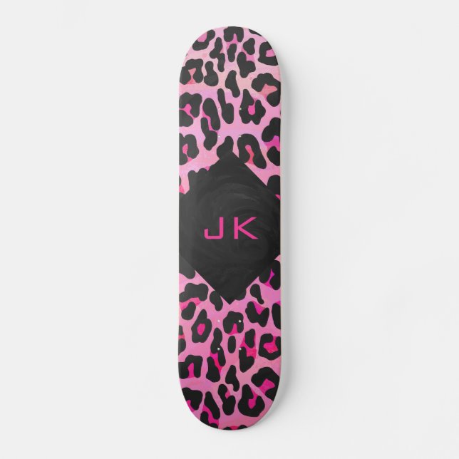 Leopard-Monogramm, Schwarz und Heiß-Rosa Skateboard (Vorderseite)