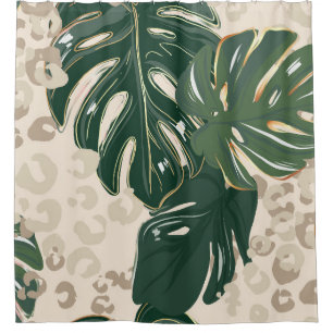 Leopard Monstera: Jungle Print Vintag. Duschvorhang