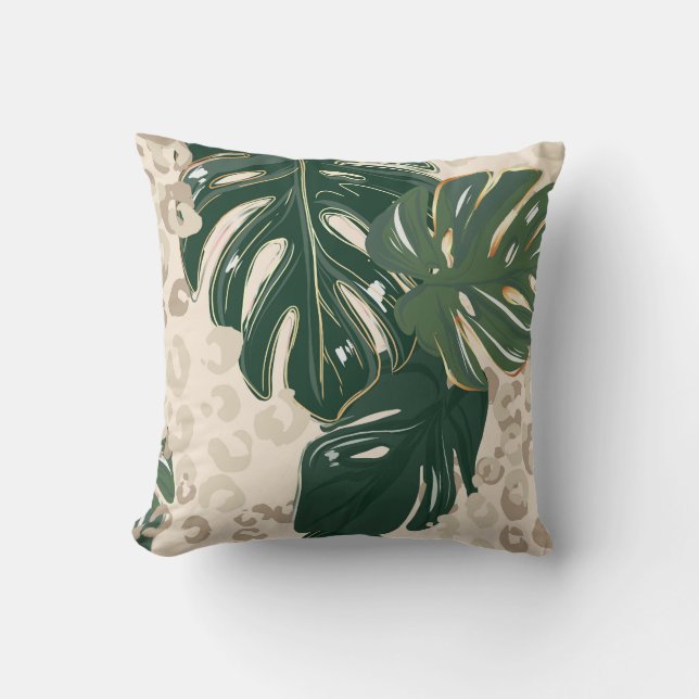 Leopard Monstera: Jungle Print Vintag. Kissen (Vorderseite)