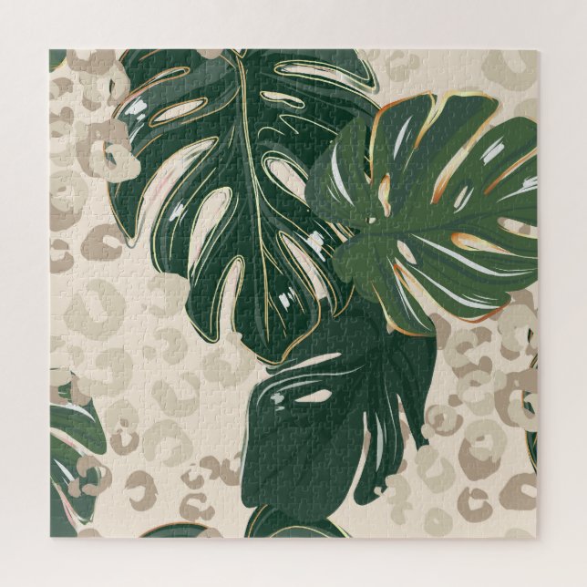 Leopard Monstera: Jungle Print Vintag. Puzzle (Vertikal)
