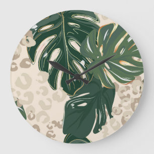 Leopard Monstera: Vintage-Dschungeldruck. Große Wanduhr