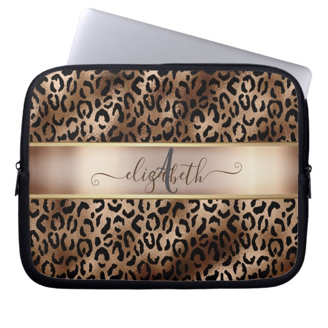 Leopard Muster Black Bronze Monogram Laptopschutzhülle (Vorderseite)
