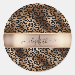 Leopard Muster Black Bronze Monogram Runder Aufkleber