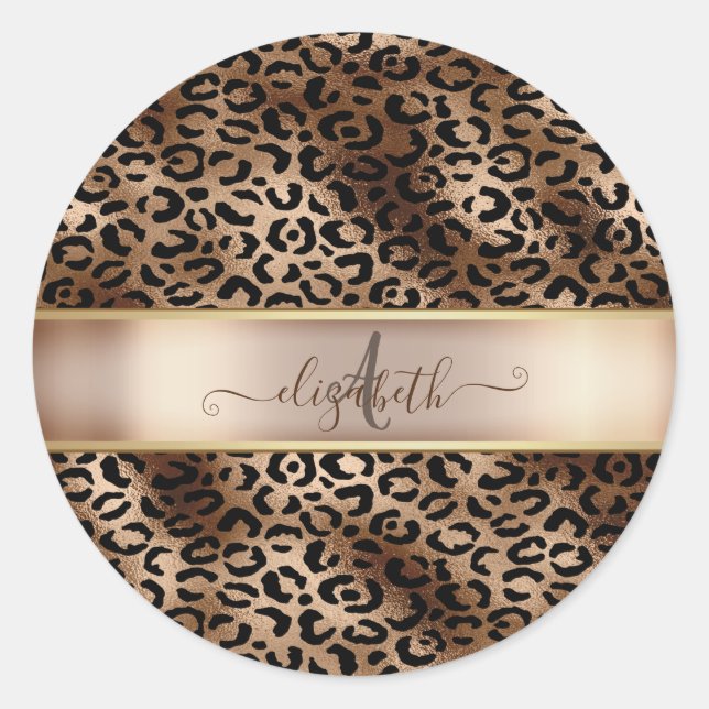 Leopard Muster Black Bronze Monogram Runder Aufkleber (Vorderseite)