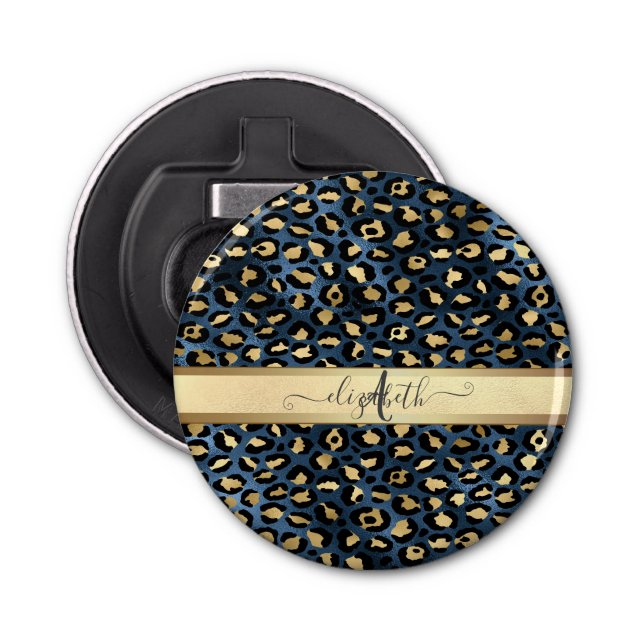 Leopard Muster Blue Gold Monogram Flaschenöffner (Vorderseite)