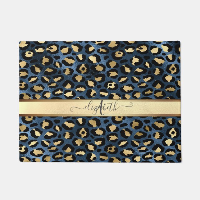 Leopard Muster Blue Gold Monogram Fußmatte (Vorderseite)
