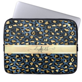 Leopard Muster Blue Gold Monogram Laptopschutzhülle