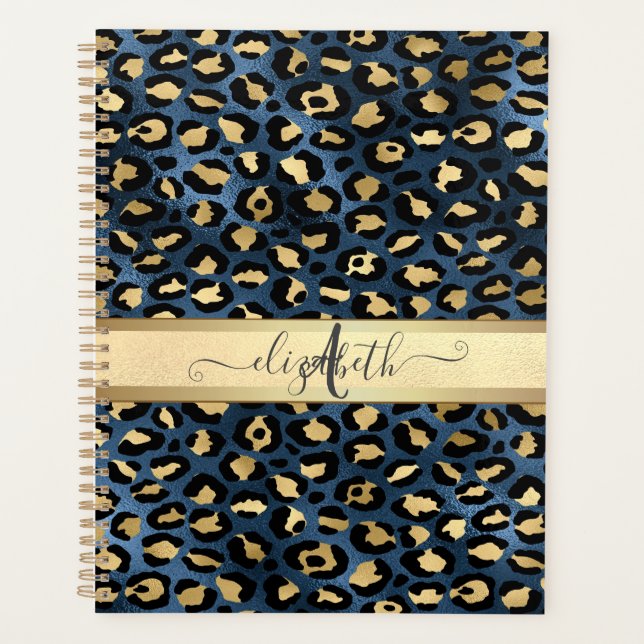 Leopard Muster Blue Gold Monogram Planer (Vorderseite)