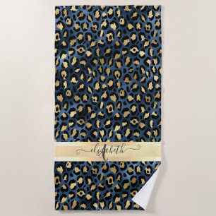 Leopard Muster Blue Gold Monogram Strandtuch