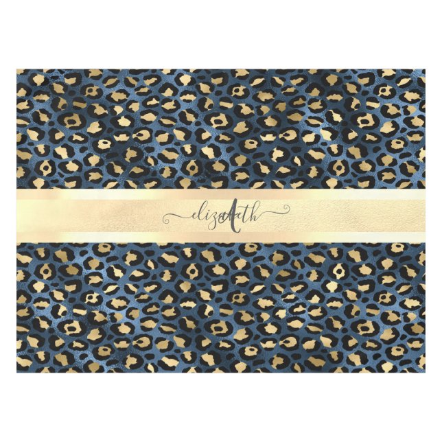Leopard Muster Blue Gold Monogram Tischdecke (Vorderseite (Horizontal))