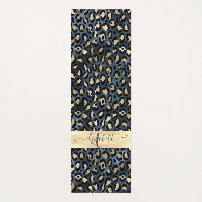 Leopard Muster Blue Gold Monogram Yogamatte (Vorderseite)