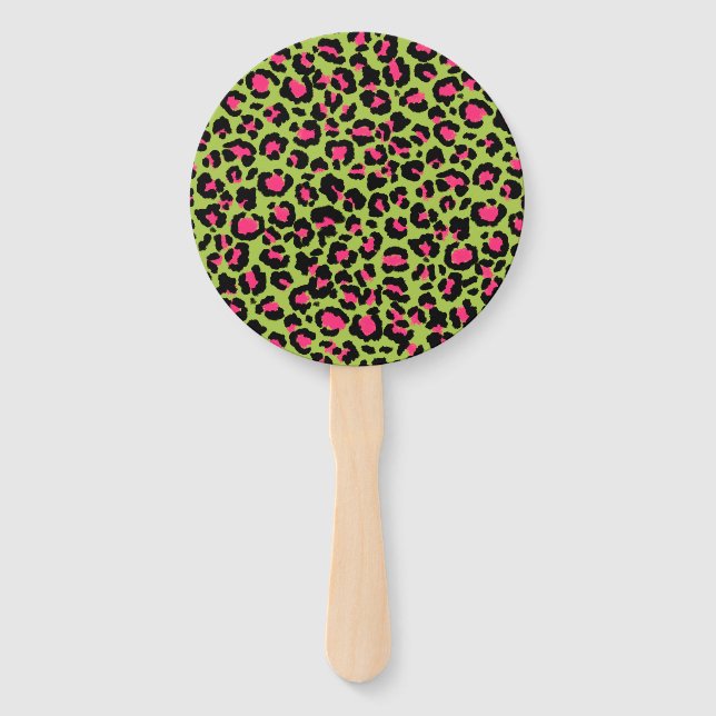 Leopard Muster in Raspberry auf Lime Green Fächer (Rückseite)