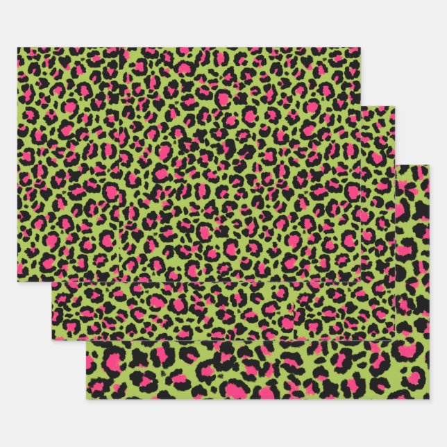 Leopard Muster in Raspberry auf Lime Green Geschenkpapier Set (Set)