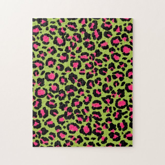 Leopard Muster in Raspberry auf Lime Green Puzzle (Vertikal)