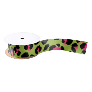 Leopard Muster in Raspberry auf Lime Green Satinband