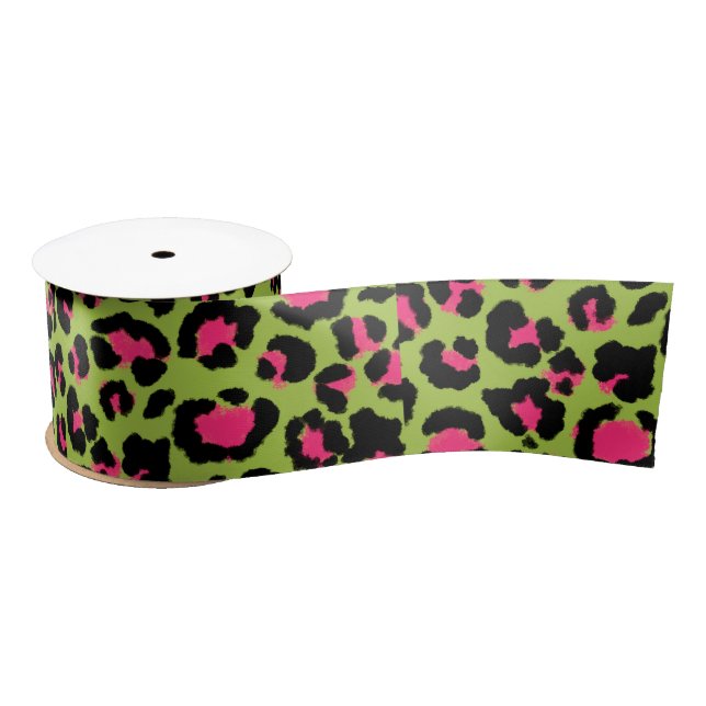Leopard Muster in Raspberry auf Lime Green Satinband (Spule)