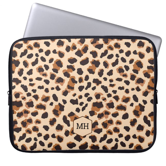 Leopard Muster Monogram Brown Chic Initials Laptopschutzhülle (Vorderseite)