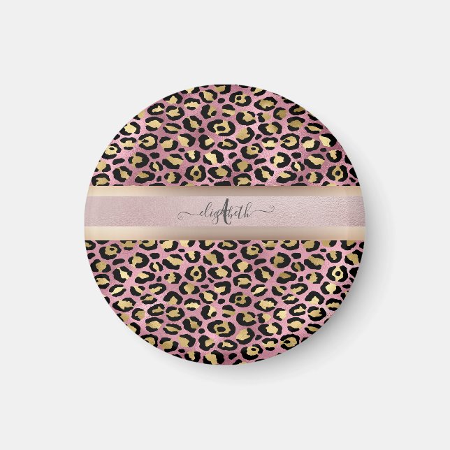 Leopard Muster Monogram Rose Gold Black Magnet (Vorne)