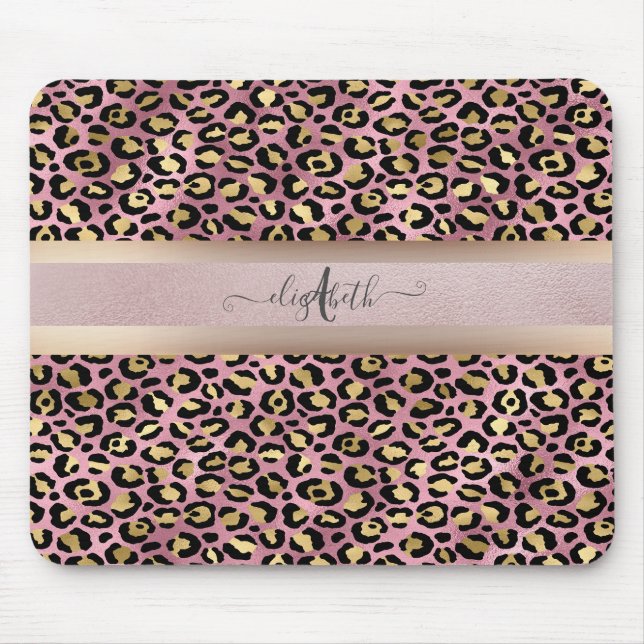 Leopard Muster Monogram Rose Gold Black Mousepad (Vorne)