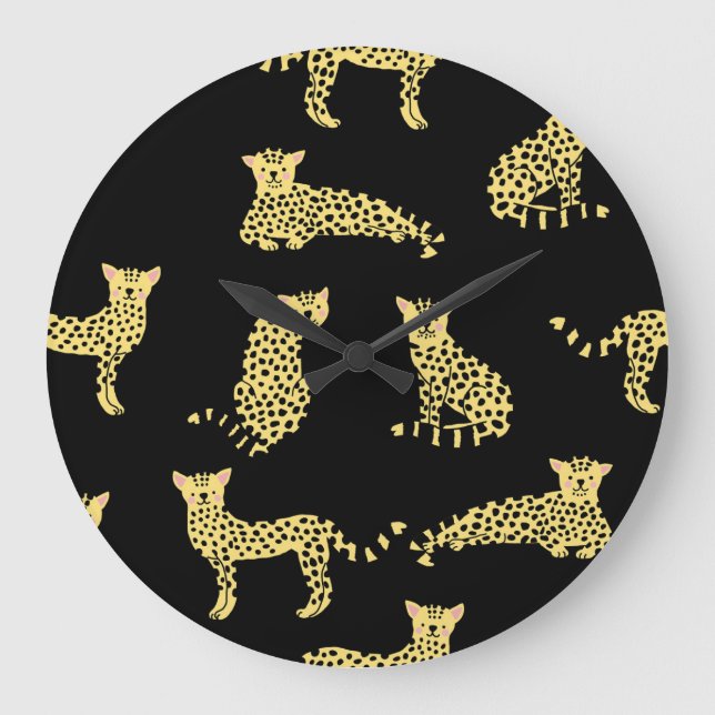 Leopard-Muster: Schwarzer Hintergrund Gepard Große Wanduhr (Vorderseite)