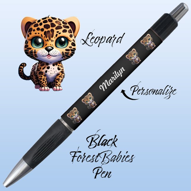 Leopard, Niedlicher einzigartiger Whimsical Cat Ca Kugelschreiber (Cute Whimsical Leopard Cartoon Graphic, Black Customizable ForestBabies Pen 🐆)