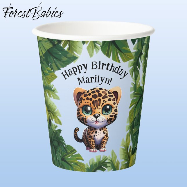 Leopard 🐆 Niedlicher tropischer Dschungel Safari Pappbecher (Leopard 🐆  Tropical Birthday 🌴 Party Animal Customizable ForestBabies Paper Cups - Front)
