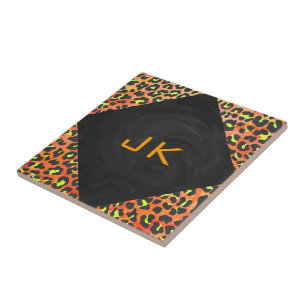 Leopard Orange und Yellow Monogram Fliese