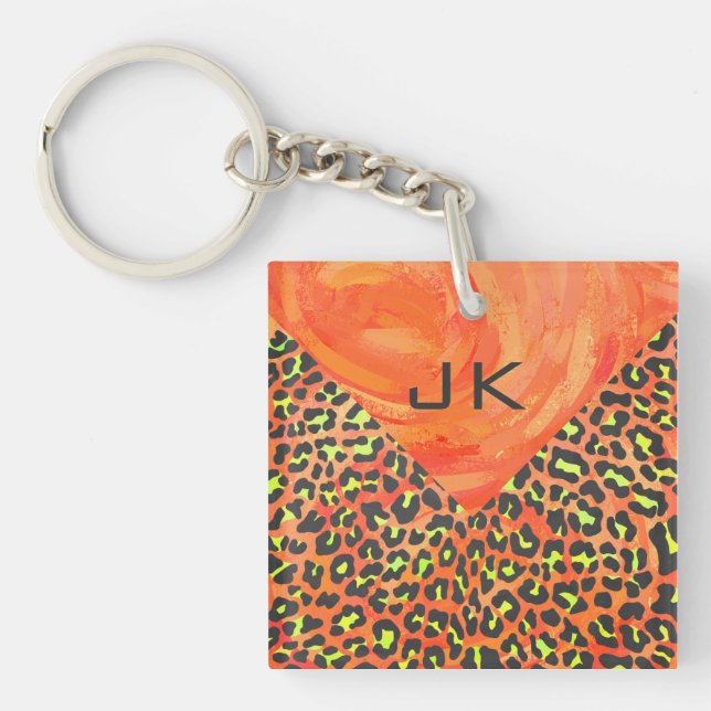 Leopard Orange und Yellow Monogram Schlüsselanhänger (Vorderseite)