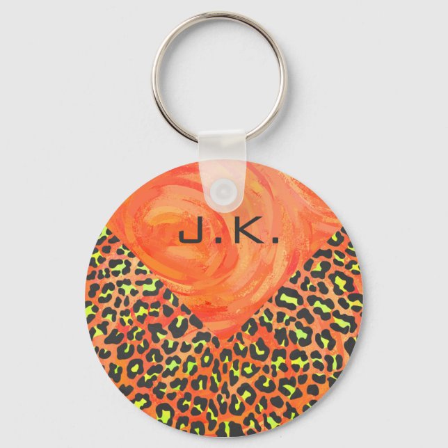 Leopard Orange und Yellow Monogram Schlüsselanhänger (Vorderseite)