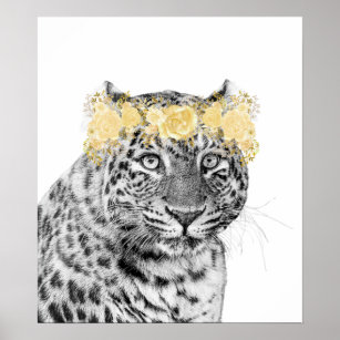 Leopard Panther Blume Crown Fun Spaß Gold Poster