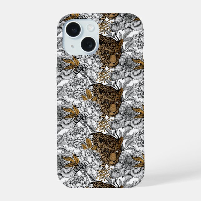 Leopard & Pfingstrosen-Muster iPhone 15 Hülle (Rückseite)