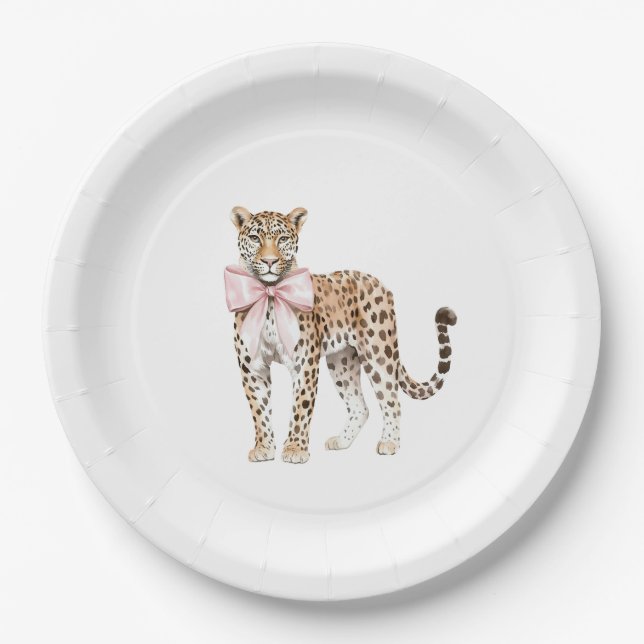 Leopard Pink Bow Birthday Pappteller (Vorderseite)