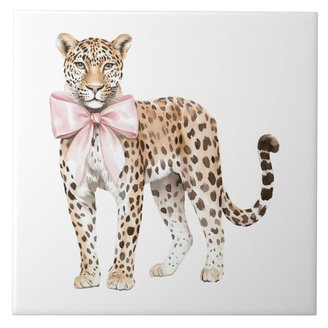 Leopard Pink Bow Fliese (Vorderseite)