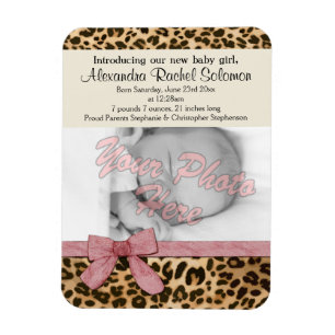 Leopard Pink Bow Girl Baby Birth Ankündigung Magnet