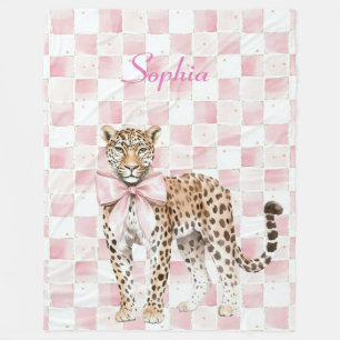 Leopard Pink Bow Squares Fleecedecke