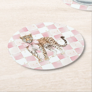 Leopard Pink Bow Squares Geburtstag Runder Pappuntersetzer