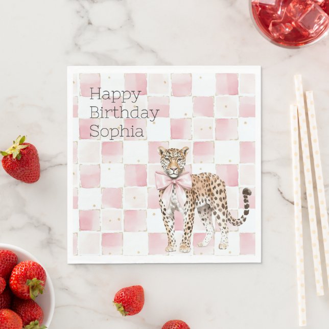 Leopard Pink Bow Squares Geburtstag Serviette (Beispiel)