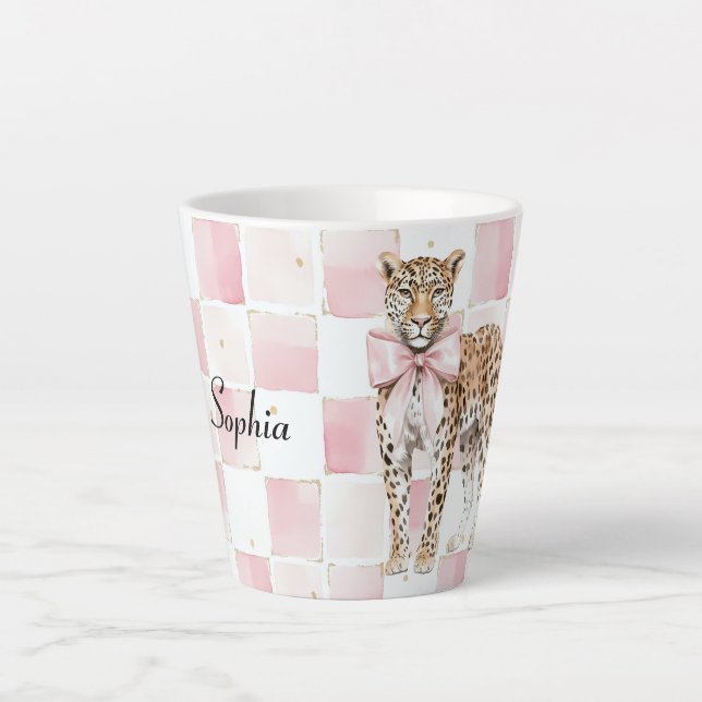 Leopard Pink Bow Squares Milchtasse (Vorderseite)