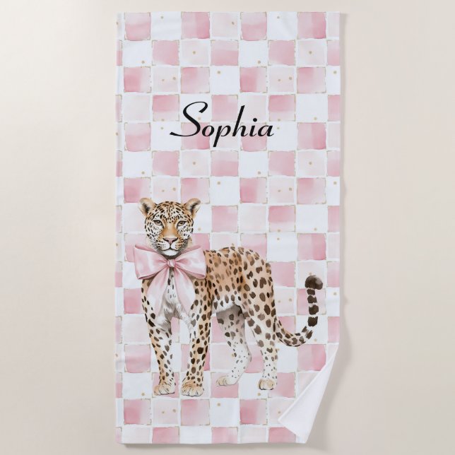Leopard Pink Bow Squares Strandtuch (Vorderseite)
